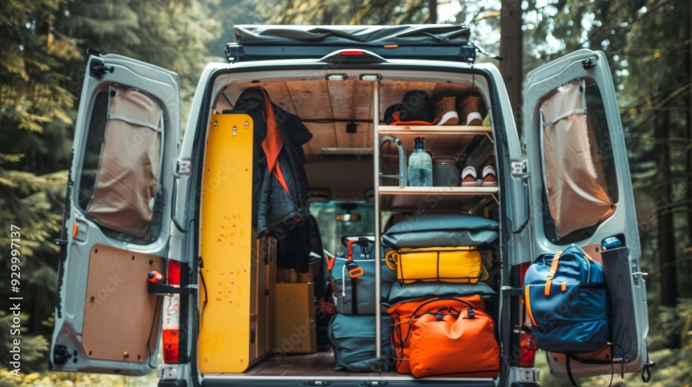 A fully equipped camper van, with its doors open, revealing organized gear and outdoor equipment ready for an adventure in the forest. A fully equipped camper van, with its doors open, revealing organized gear and outdoor equipment ready for an adventure in the forest.