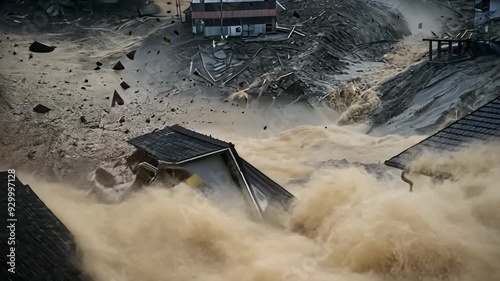 Seismic hazard aftermath: collapsing houses, broken dam, mudslide submerges streets, destruction path. Urgent danger evident.