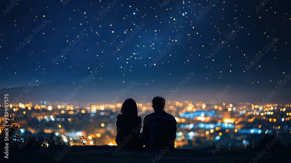 Fototapeta premium Two figures in silhouette sit quietly, watching the city lights sparkle beneath a starry sky, capturing a serene and contemplative night.