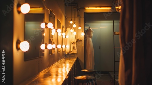 Warm lights illuminate a dimly lit dressing room with reflections on the counter, a solitary figure in the background enhancing the scene’s depth.