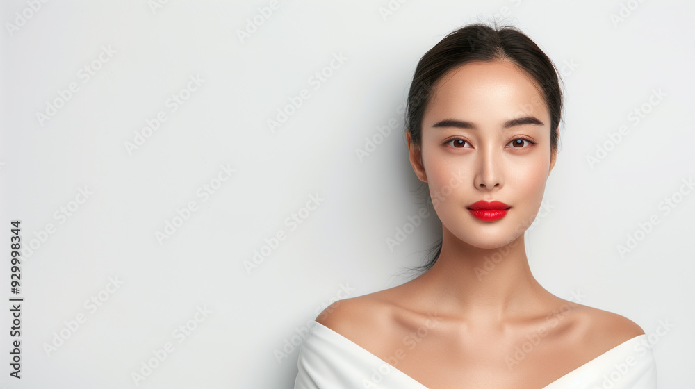 A beautiful young Chinese woman with radiant, glowing skin, wearing bold red lipstick, standing against a white background with a calm, poised expression. A beautiful young Chinese woman with radiant, glowing skin, wearing bold red lipstick, standing against a white background with a calm, poised expression.