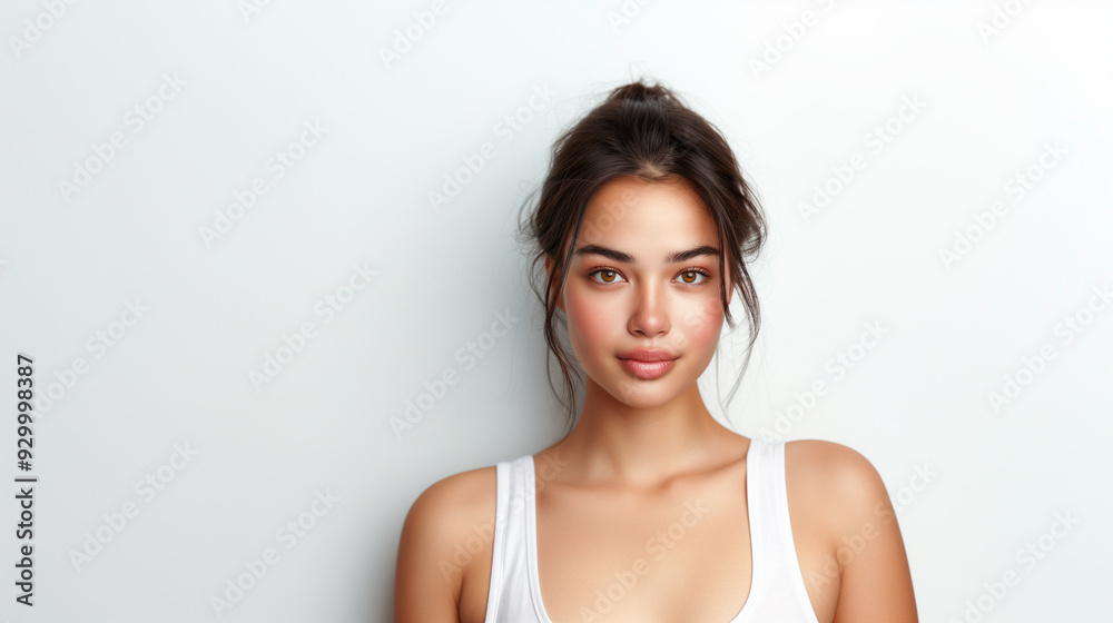 A beautiful young Japanese woman with clear, glowing skin, softly smiling while posing in a white top against a clean background. A beautiful young Japanese woman with clear, glowing skin, softly smiling while posing in a white top against a clean background.