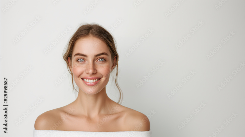 Obraz premium A lovely young Scandinavian woman with smooth, healthy skin and a bright smile, exuding natural beauty and confidence in a minimalist portrait.