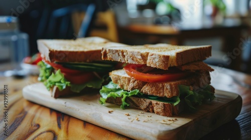 Two hearty sandwiches with lush veggies and fresh tomatoes on a wooden table, ready to devour in a homely kitchen setting.