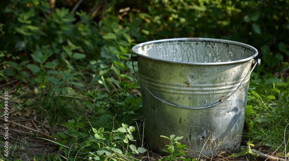 A weathered metal bucket sits partially shadowed in overgrown greenery, evoking a sense of rustic simplicity and quietness. A weathered metal bucket sits partially shadowed in overgrown greenery, evoking a sense of rustic simplicity and quietness.