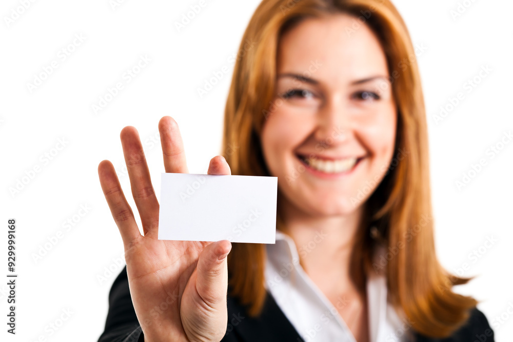 Smiling businesswoman presenting blank business card Smiling businesswoman presenting blank business card