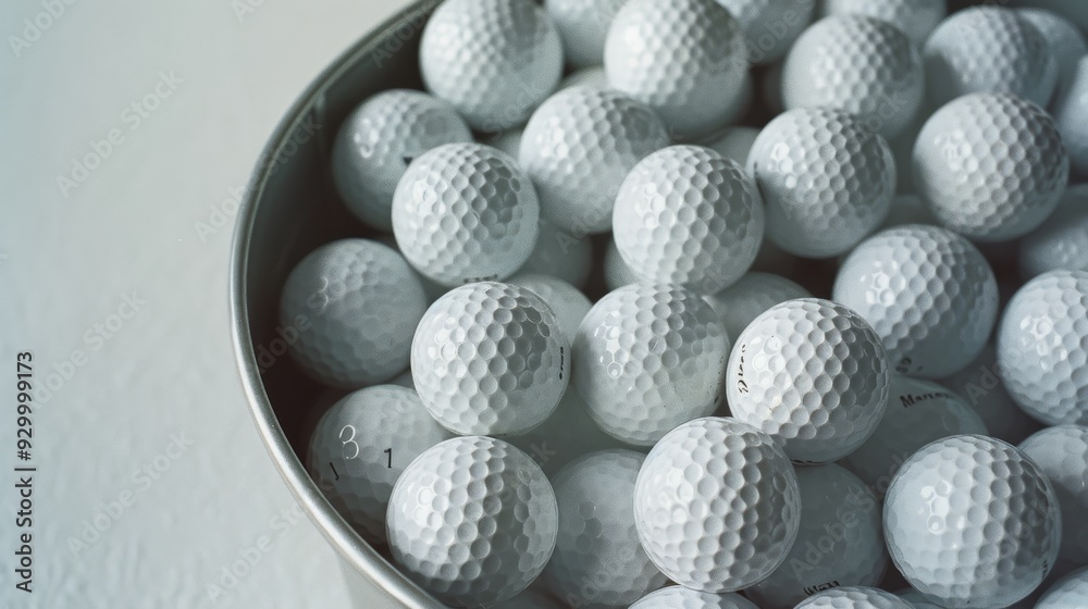 A bucket filled with pristine white golf balls signifies precision, readiness, and the calm anticipation of a game on the golf course. A bucket filled with pristine white golf balls signifies precision, readiness, and the calm anticipation of a game on the golf course.