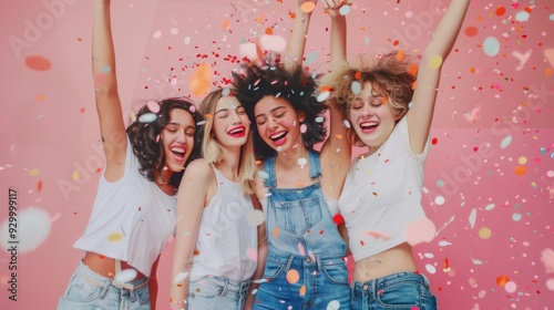 Four friends in white tops throw confetti in the air, celebrating with joyous laughter against a bright pink wall.