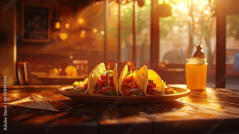 Anime-style Mexican tacos al pastor placed beautifully on a rustic wooden table, bathed in soft, golden sunlight. The vibrant colors of the tacos contrast with the deep, earthy tones of the table, Anime-style Mexican tacos al pastor placed beautifully on a rustic wooden table, bathed in soft, golden sunlight. The vibrant colors of the tacos contrast with the deep, earthy tones of the table,