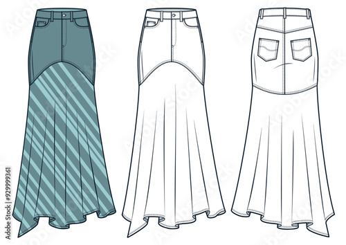 Flared Long Skirt technical fashion illustration, striped design. Denim Skirt fashion flat technical drawing template, asymmetric bottom, front and back view, white, green, women CAD mockup set.