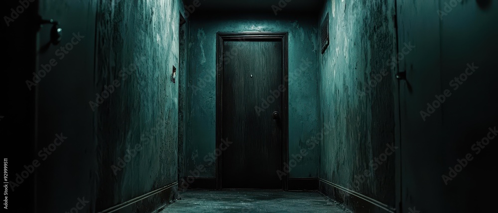 A dark hallway with a door at the end A dark hallway with a door at the end