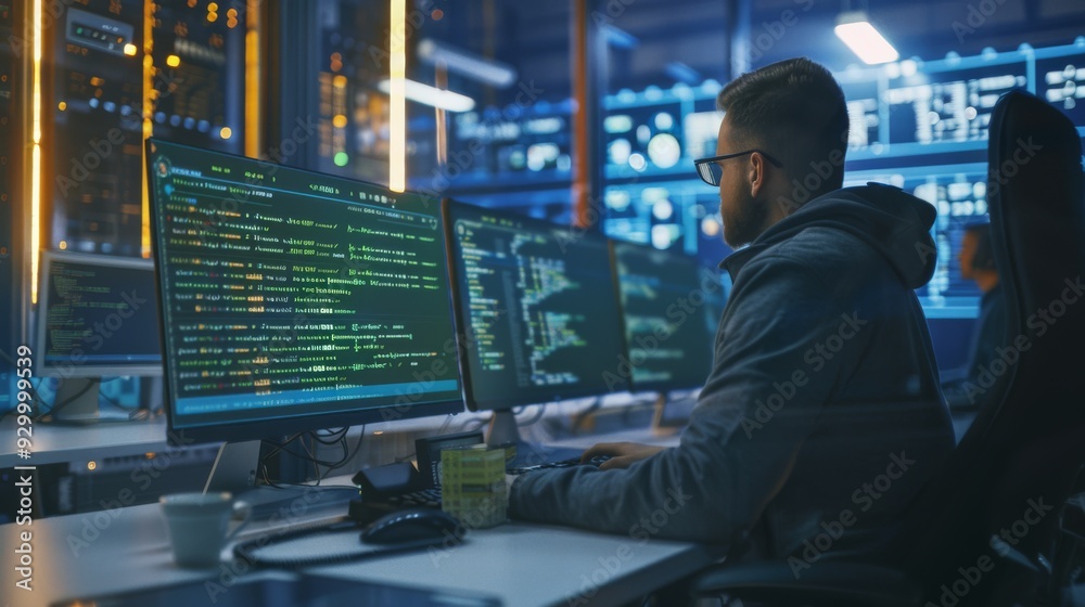 A lone programmer deep in concentration, surrounded by multiple monitors displaying lines of code in a blue-tinged modern tech workspace.