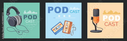Podcast cover. Podcasting show covers, speaker voice microphone record radio music broadcast, audio sound speech online broadcasting social media communication vector illustration