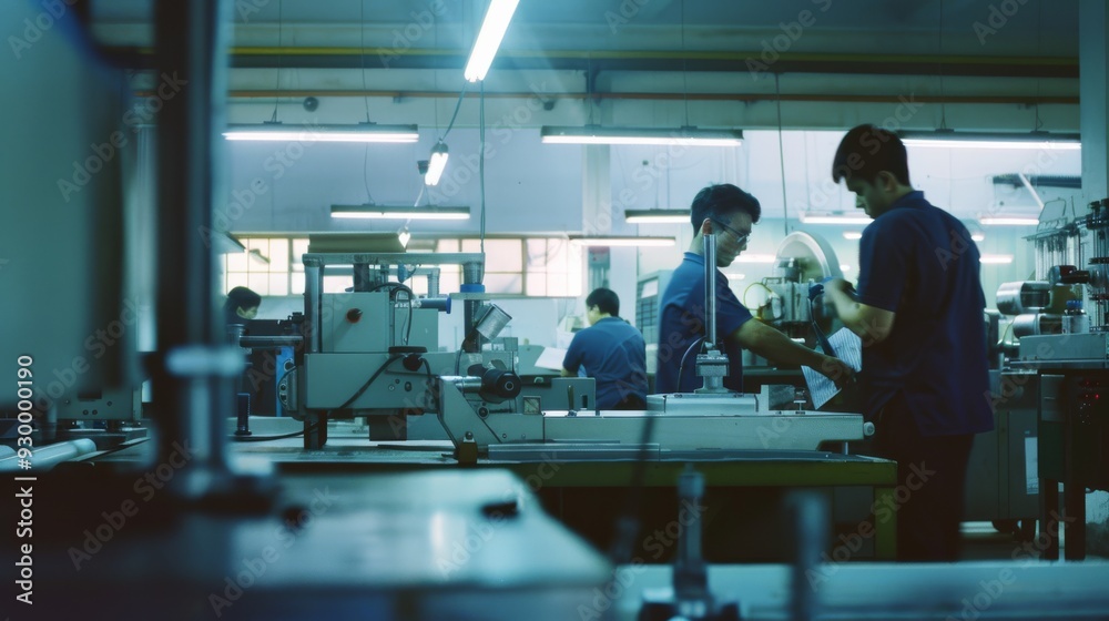 People working diligently in a brightly lit factory, surrounded by machinery and equipment, highlighting industrial labor. People working diligently in a brightly lit factory, surrounded by machinery and equipment, highlighting industrial labor.