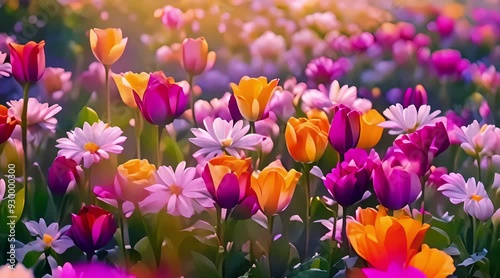 beautiful background of colorful flowers with bright atmosphere, 4k video, generated ai