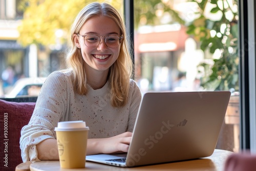 Young blonde woman with glasses smiling while working on a laptop in a cozy office or café setting, with coffee cup and casual attire.