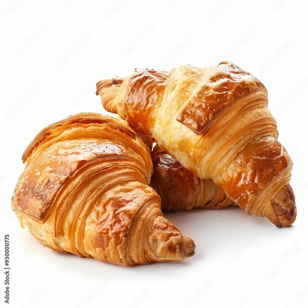 Close-up of three golden, flaky croissants stacked together on a white background, showcasing their rich texture and delicious appearance. Close-up of three golden, flaky croissants stacked together on a white background, showcasing their rich texture and delicious appearance.
