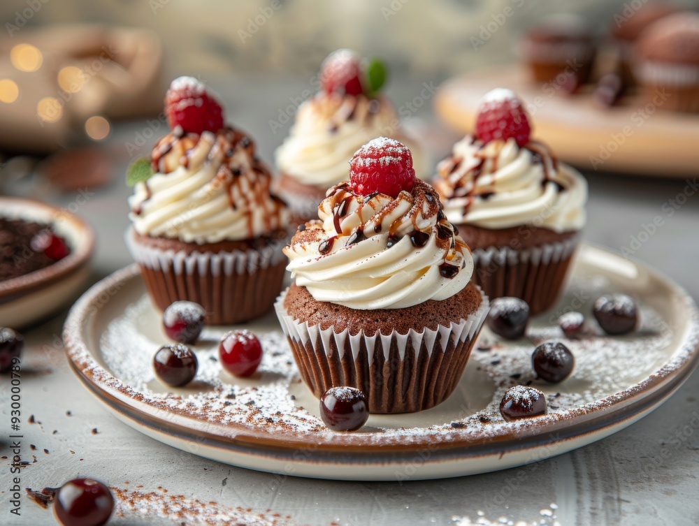 Delicious Close-up of Cupcakes Arranged on a Plate, Dining Room Aesthetics, Graphic Resources, Wallpapers, Brochure, banner, Advertising, background Delicious Close-up of Cupcakes Arranged on a Plate, Dining Room Aesthetics, Graphic Resources, Wallpapers, Brochure, banner, Advertising, background