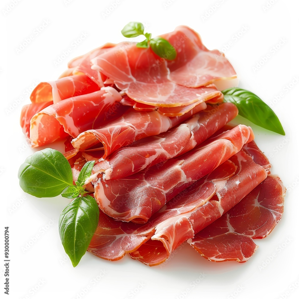 Closeup of thinly sliced prosciutto crudo with basil leaves Closeup of thinly sliced prosciutto crudo with basil leaves