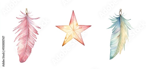 Watercolor painting of three feathers and a star