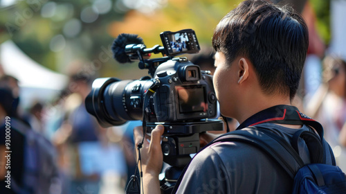 A photographer skillfully captures memorable moments at a lively outdoor event on a bright day