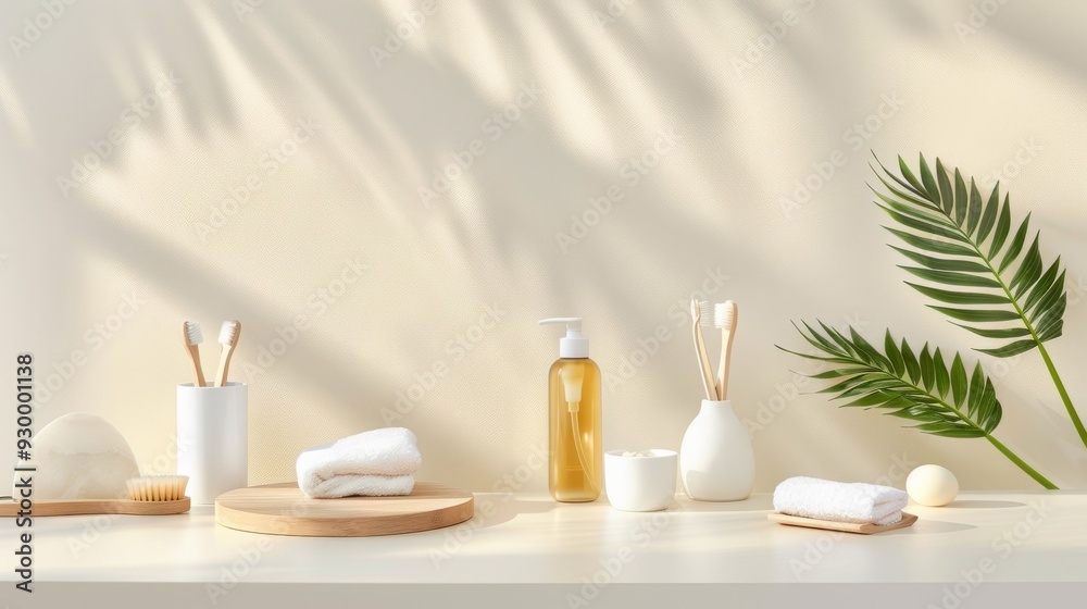 A serene and minimalist bathroom counter features neatly arranged towels, organic soap, a pump bottle, and a lush green plant under delicate light and shadow play. A serene and minimalist bathroom counter features neatly arranged towels, organic soap, a pump bottle, and a lush green plant under delicate light and shadow play.