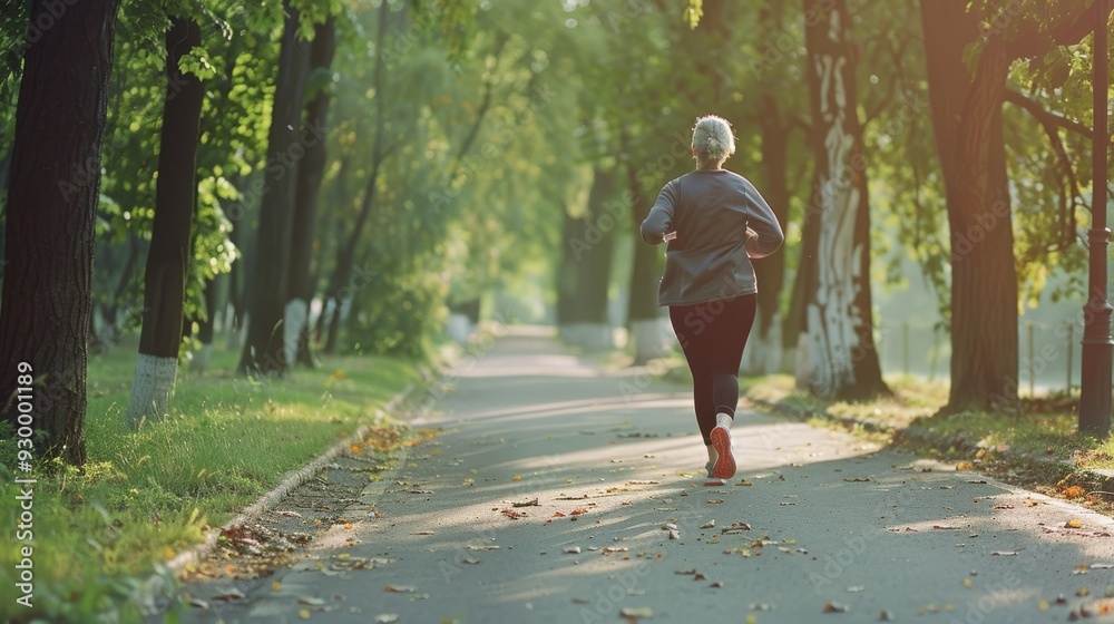 Fototapeta premium A solitary jogger makes their way along a tranquil, tree-lined path, embraced by the early morning sunlight and peaceful surroundings.