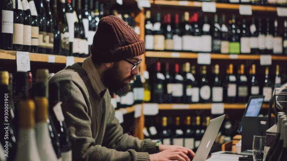 Beard and hat-clad man immersed in his laptop amidst a gracefully structured arrangement of wine bottles on wooden shelves. Beard and hat-clad man immersed in his laptop amidst a gracefully structured arrangement of wine bottles on wooden shelves.