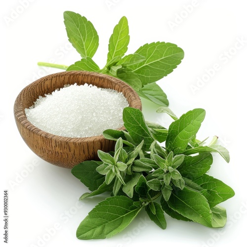 Fresh green stevia leaves with a wooden bowl of stevia powder, a natural sweetener, on a white background.