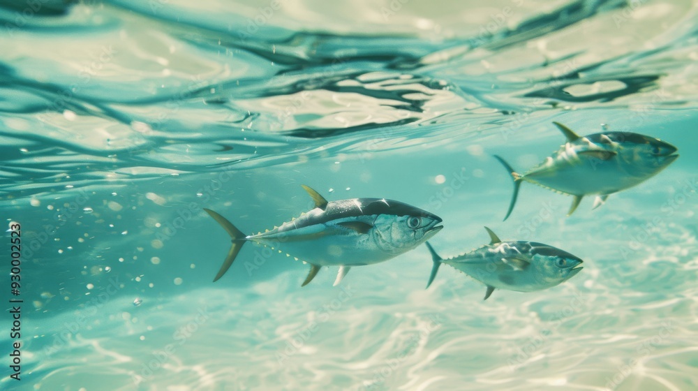 Fototapeta premium Three vibrant tuna fish swim in unison in a sunlit underwater world, showcasing the harmony and beauty of marine life.