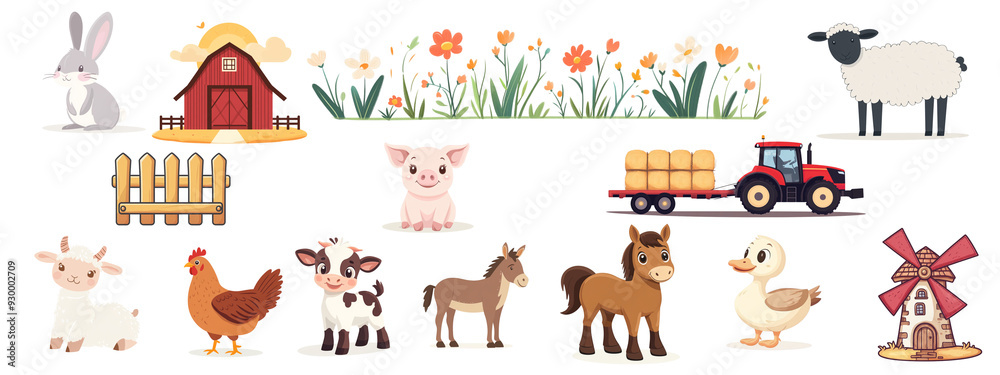 Set. Animal farm, farm elements with many animals isolated on white background. Set. Animal farm, farm elements with many animals isolated on white background.