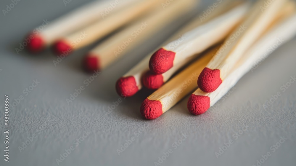 A collection of matchsticks with red tips, casually scattered on a smooth, grey surface, ready for use. A collection of matchsticks with red tips, casually scattered on a smooth, grey surface, ready for use.