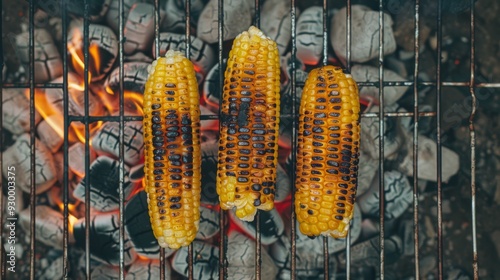 Three perfectly grilled corn on the cob over hot, glowing coals, emanating the essence of summer barbeques and outdoor gatherings. photo