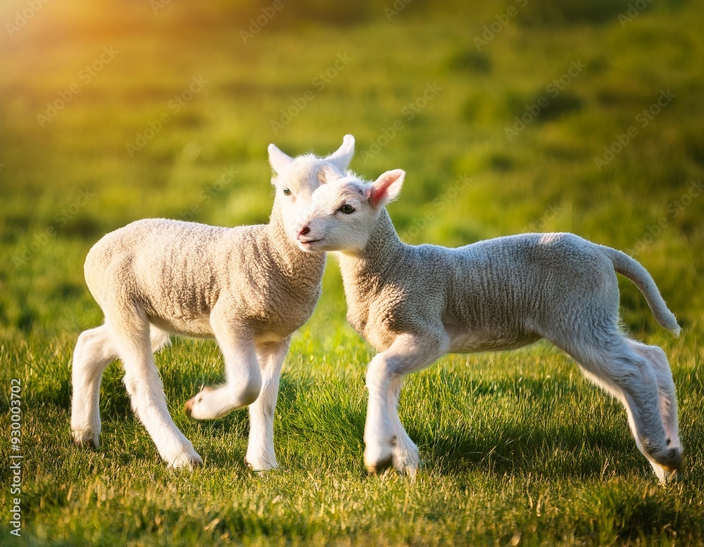 Funny two lambs playing in the green field at sunny day. AI generated image Funny two lambs playing in the green field at sunny day. AI generated image