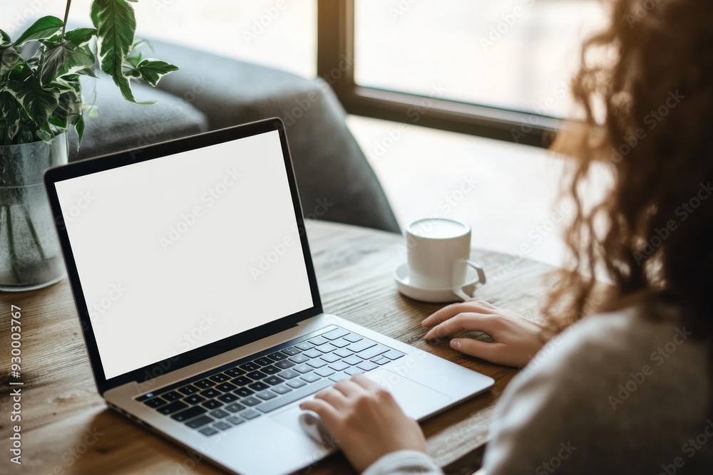 Casual woman with curly hair typing on laptop at wooden desk with coffee cup, green plants, blurred background, soft natural light, emphasizing workspace and productivity Casual woman with curly hair typing on laptop at wooden desk with coffee cup, green plants, blurred background, soft natural light, emphasizing workspace and productivity