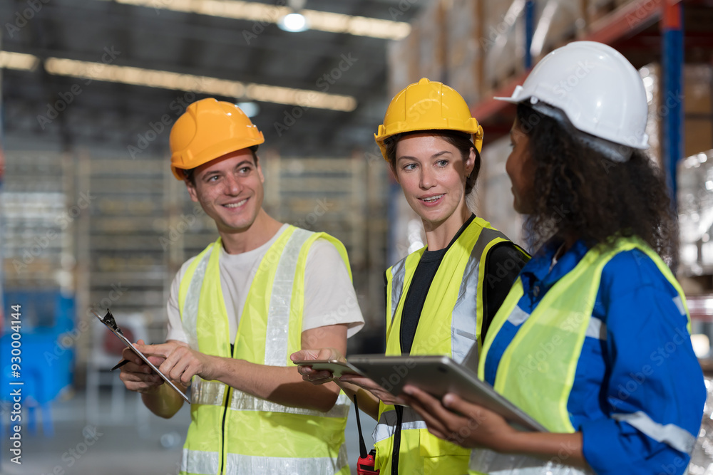 Warehouse worker working in warehouse. Male and female worker discussing at warehouse Warehouse worker working in warehouse. Male and female worker discussing at warehouse