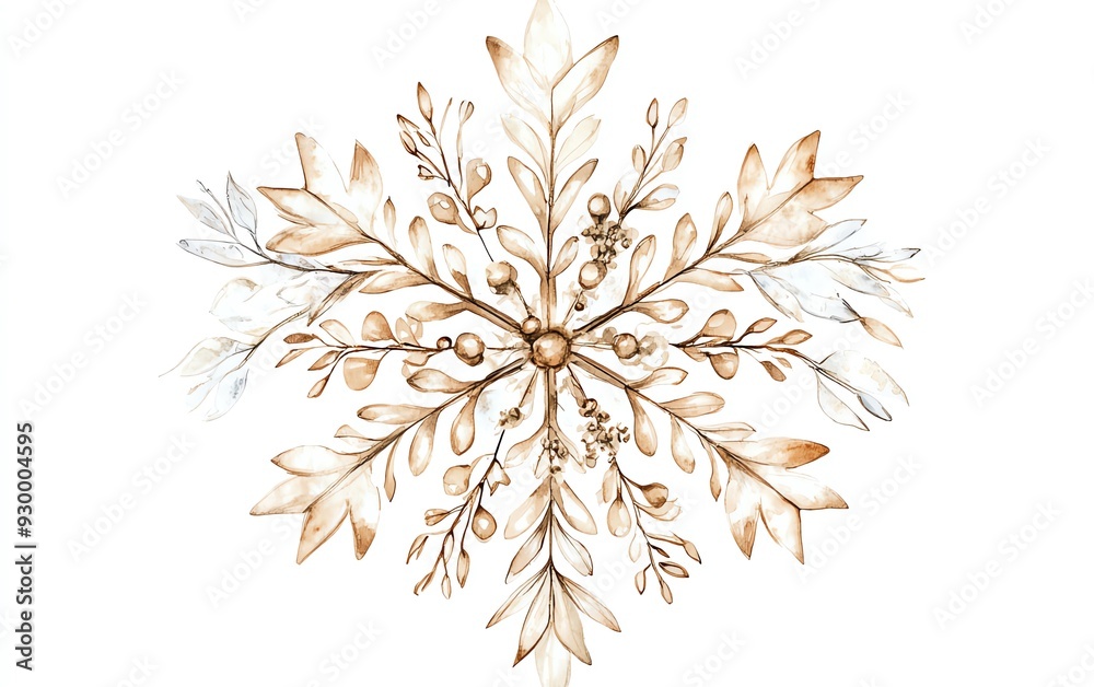 Watercolor illustration of a golden snowflake with intricate details. Watercolor illustration of a golden snowflake with intricate details.
