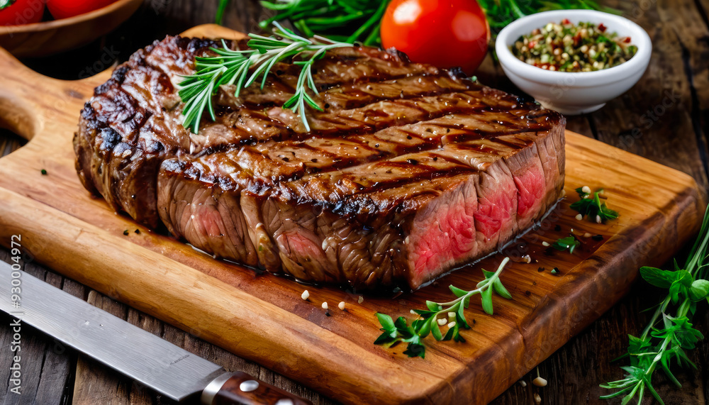 A medium-rare grilled steak topped with rosemary, surrounded by an assortment of spices, set on a wooden cutting board, epitomizing gourmet, high-quality dining. A medium-rare grilled steak topped with rosemary, surrounded by an assortment of spices, set on a wooden cutting board, epitomizing gourmet, high-quality dining.