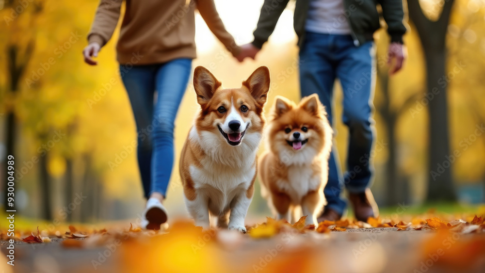 A couple enjoys a leisurely walk with their dogs on a fall path, embracing the crisp autumn air and picturesque scenery, depicted by the colorful leaves and warm sunlight filtering through the trees. A couple enjoys a leisurely walk with their dogs on a fall path, embracing the crisp autumn air and picturesque scenery, depicted by the colorful leaves and warm sunlight filtering through the trees.