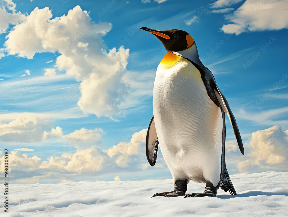 Obraz premium Majestic penguin stands on the icy terrain under a bright blue sky with fluffy clouds, showcasing the beauty of wildlife in its natural habitat.
