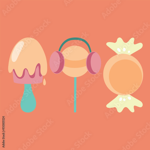 Sweets and candies in groovy style, 80s, vintage, vector illustration