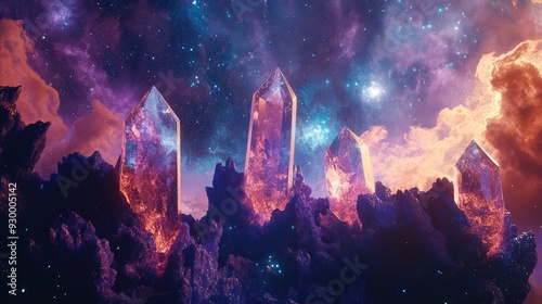 An abstract composition of ethereal crystals suspended in a starry sky, creating a magical, otherworldly effect.