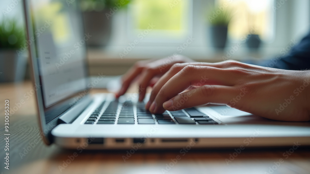 This image shows a person typing on a laptop at a wooden desk, positioned in a bright, naturally lit room with a view of greenery through the window, symbolizing productivity and modern work. This image shows a person typing on a laptop at a wooden desk, positioned in a bright, naturally lit room with a view of greenery through the window, symbolizing productivity and modern work.