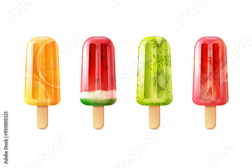 3d fruit popsicles. Realistic ice lolly cream bars, popsicle fruits watermelon kiwi orange frozen juice colorful icelolly stick icecream flavors, render exact vector illustration
