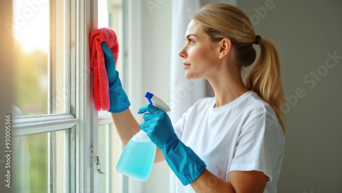 A woman is cleaning a window indoors using a red cloth and a spray bottle, and she is wearing blue gloves, embodying domestic tasks and cleanliness under natural lighting. Her face is blurred for priv photo