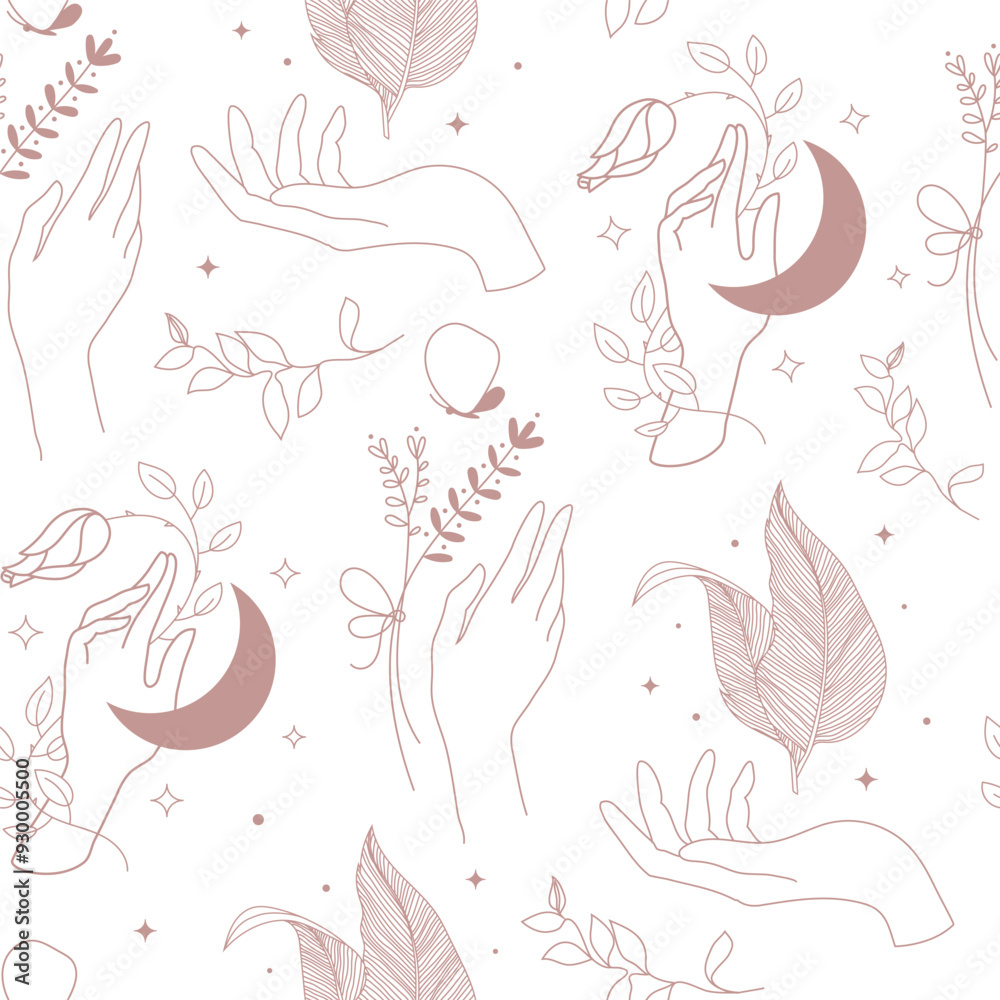 Fototapeta premium Vector celestial seamless pattern, hands, moon and plants line mystic background. Witch spiritual, care boho print.