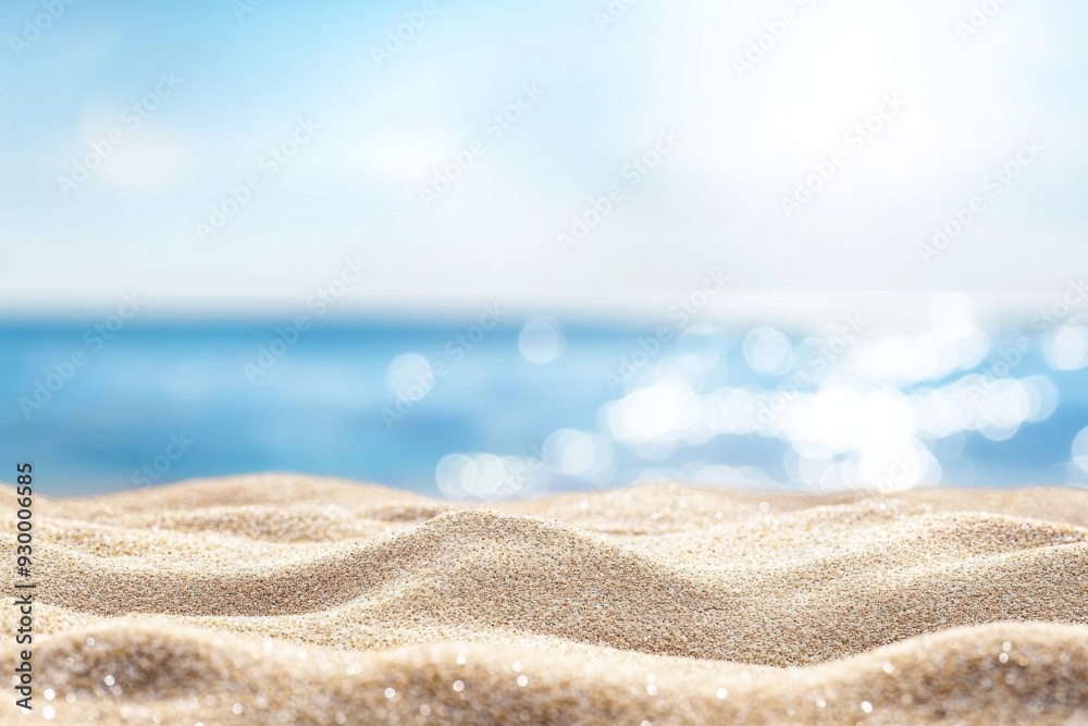 Serene summer beach scene with soft sand and calm sea, featuring natural colors and soft light, ample space for text, ideal for banners and professional designs.