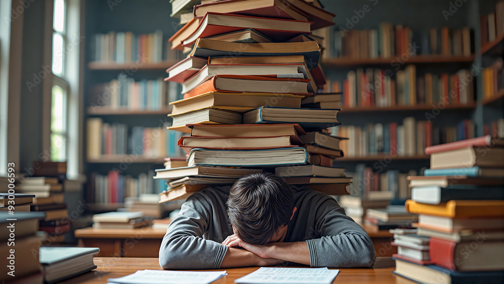 Exhausted Student Overwhelmed by a Towering Pile of Books in a Library Setting Exhausted Student Overwhelmed by a Towering Pile of Books in a Library Setting