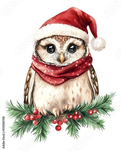 Cute owl wearing a Santa hat and scarf, with Christmas tree branches and berries.