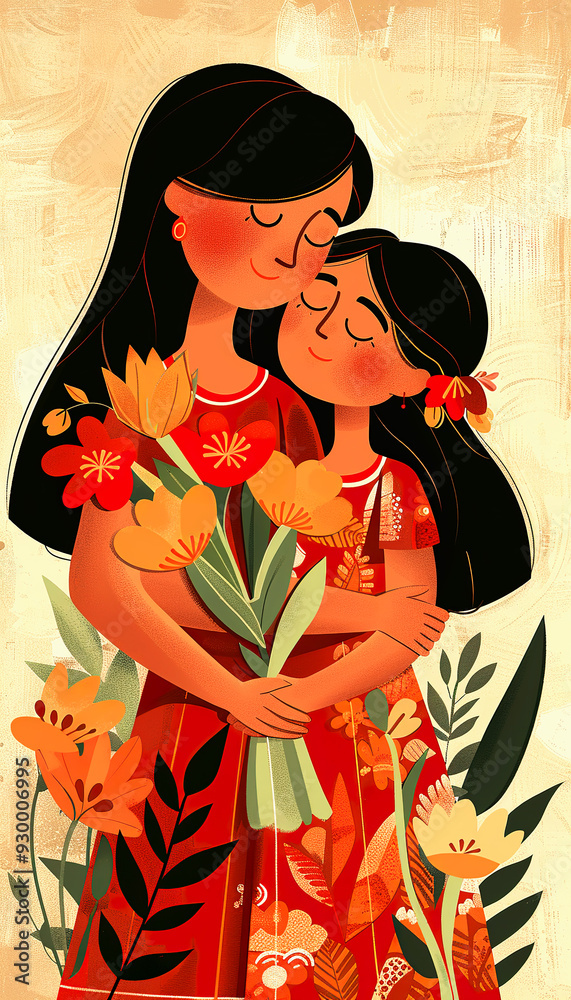Fototapeta premium A Mother and Daughter Embracing with Flowers